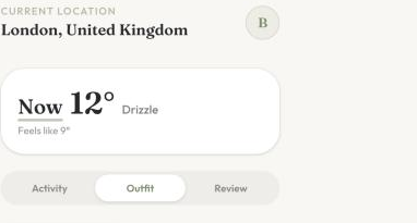 The Today screen weather card, showing the underlined word 'Now' next to 12 degrees and Drizzle.