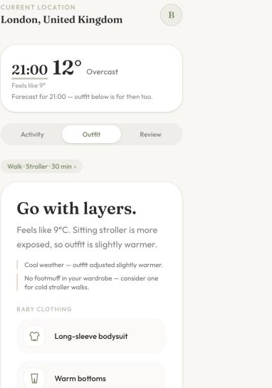 The Outfit tab showing a full layered recommendation — long-sleeve bodysuit, warm bottoms and more — planned for 21:00 instead of right now.