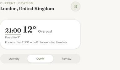 The weather card after picking 21:00, now reading 12 degrees, Overcast, with a note that the outfit below is for 21:00 too.